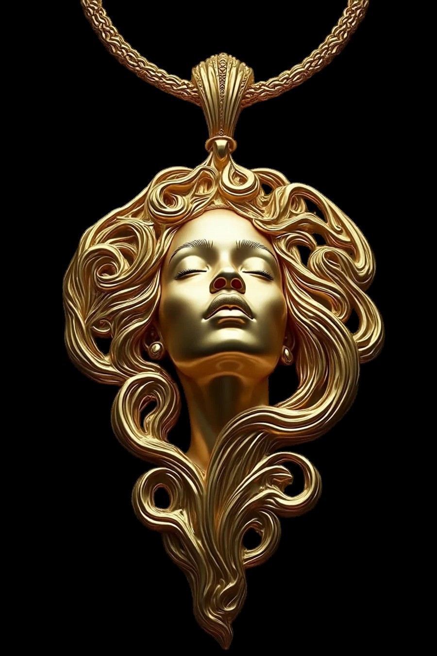 Gold relief pendant of a woman with flowing Art Nouveau hair